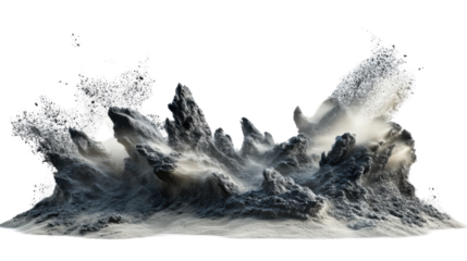 Dark gray rock formation exploding with white dust on transparent background