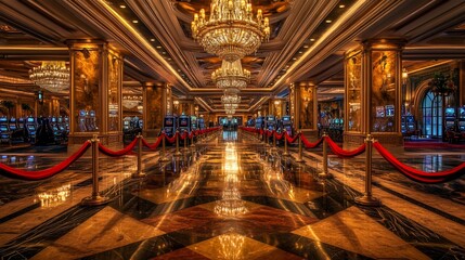 Obraz premium Opulent Casino Interior with Golden Pillars, Chandeliers and Rows of Slot Machines