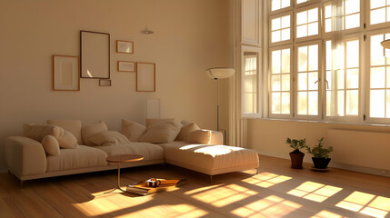 Fototapeta premium A sunlit living room with a cozy sofa, plants, and large windows creating a warm atmosphere.