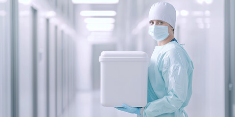 Medical worker in uniform carrying a cooler box for organ transport, concept of organ preservation and transplantation logistics