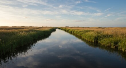 Serene Canal Reflecting Sky in Coastal Marsh