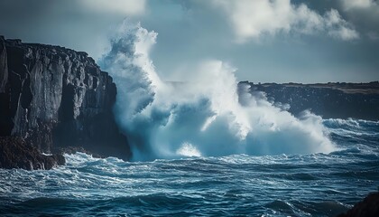 Fototapeta premium Powerful Ocean Waves Crashing Against Rugged Cliffs