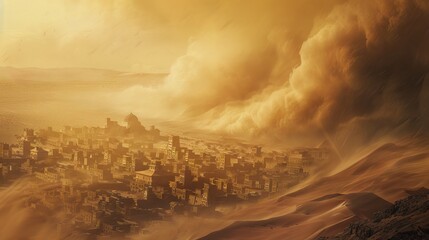 Sand dunes in the desert. Futuristic landscape.Cloudy sky. Digital designer art. Abstract surreal illustration.3D render. AI generated illustration