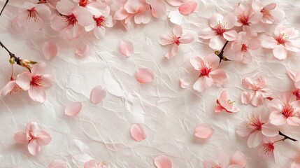 Obraz premium Delicate Pink Cherry Blossom Petals on Soft White Background
