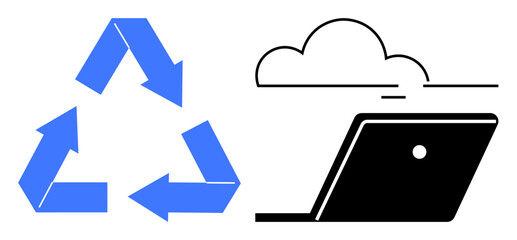 Blue recycling arrows adjacent to a black laptop with a cloud above, symbolizing sustainable technology and cloud computing. Ideal for sustainability, eco-friendly tech, digital storage, cloud
