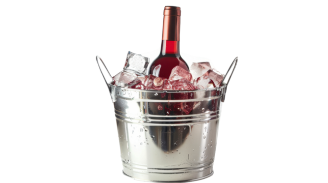 Wine bottle cooling in metal bucket filled with ice cubes on transparent background