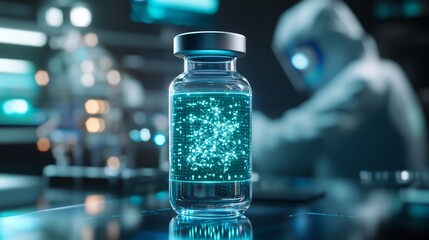 Glass vial containing a glowing futuristic digital virus, with a scientist wearing a hazmat suit conducting research in a high tech laboratory setting in the background