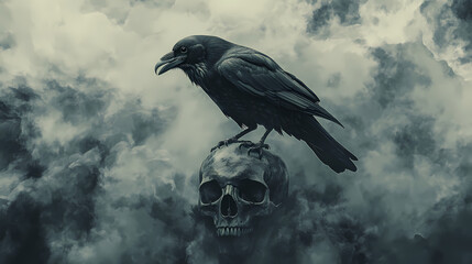 Ominous raven perched on skull with dramatic cloudy backdrop in watercolor style. Moody Monochrome. Illustration