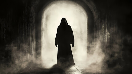 Silhouette of a monochrome hooded mysterious person walking in the darkness of a long tunnel moody lighting, eerie mist backlit figure dramatic atmospheric. Moody Monochrome. Illustration