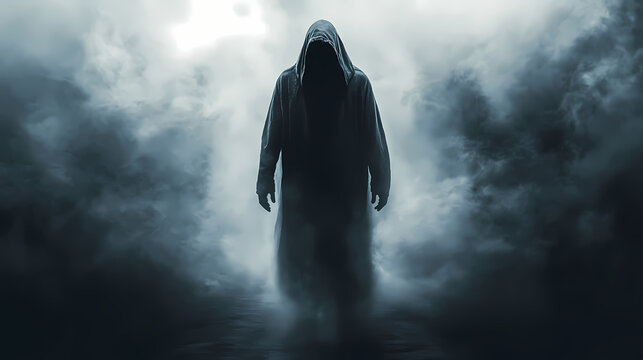 Silhouette of a monochrome hooded mysterious person walking in the darkness of a long tunnel moody lighting, eerie mist backlit figure dramatic atmospheric. Moody Monochrome. Illustration