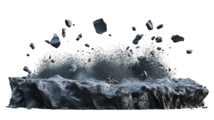 Rocks exploding from ground with transparent background, creating dust and debris