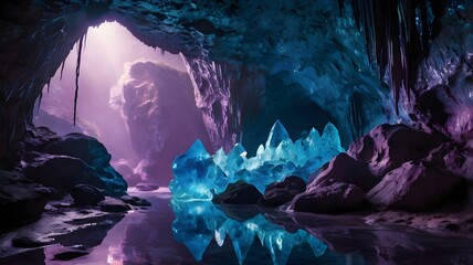 A magical underground cave filled with massive, glowing blue and purple crystals, with reflections on the wet cave floor and a mysterious, enchanted atmosphere, in a fantasy realism style