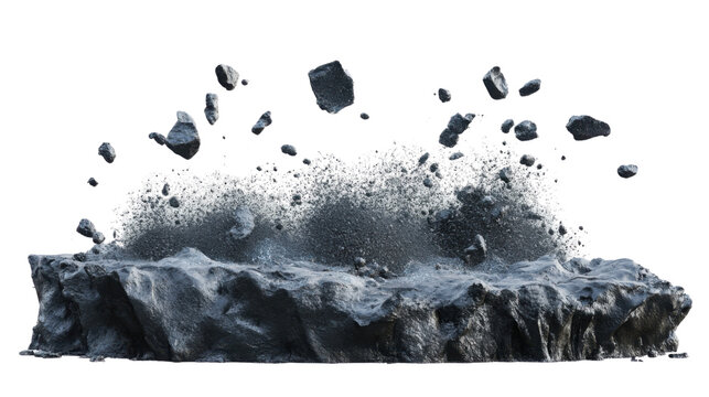 Rocks exploding from ground with transparent background, creating dust and debris