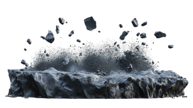 Rocks exploding from ground with transparent background, creating dust and debris
