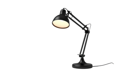 Black desk lamp shining on transparent background