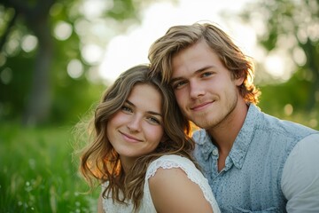 Fototapeta premium Romantic young couple in love relaxing outdoors in park.