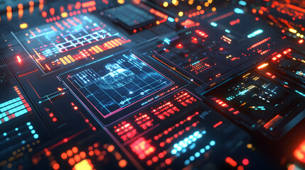 Obraz premium High-tech solar panels with advanced holographic technology, visualizing the conversion of solar energy into usable electricity for modern residential systems.