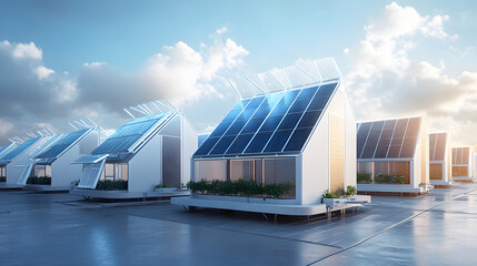 High-tech solar panels with AI technology that adjust their position based on weather and sunlight conditions to improve energy output and efficiency.