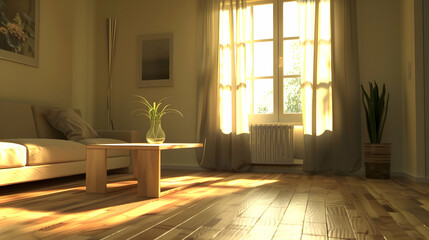 Fototapeta premium A sunlit living room with a cozy atmosphere and natural elements.