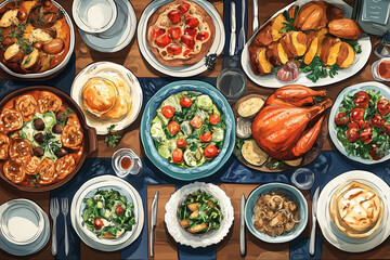 Fototapeta premium A Festive Feast Featuring Turkey, Salads, and Delicious Sides