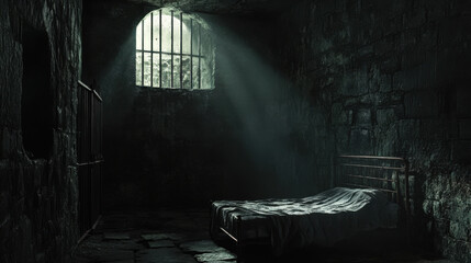 Obraz premium Dimly lit abandoned prison cell with rusty metal bedframe and sunlight streaming through a small barred window