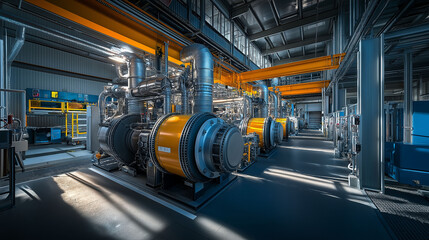 Fototapeta premium A panoramic view of multiple heat exchangers in an open factory setting, with clean, modern machines surrounding them and large overhead beams creating shadows that enhance the industrial feel