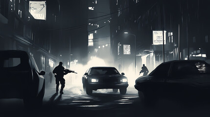 Agents pursue fugitive hiding in gritty futuristic city streets at night - high-stakes chase through moody monochromatic urban landscape. sci-fi. illustration. Moody Monochrome. Illustration