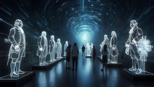Museum Visitors Exploring Interactive Historical Hologram Exhibition of Colonial Era Figures