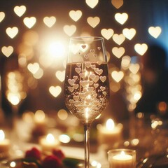 A celebratory glass of bubbly, filled with love, sits amidst a romantic ambiance.