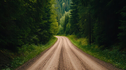 Fototapeta premium winding dirt road surrounded by lush green trees creates serene atmosphere, inviting exploration and adventure in nature