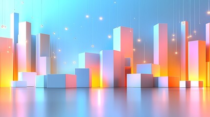 Abstract city scene with vibrant colors and illuminated blocks.