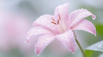 Fototapeta premium Pink lily flower covered in fresh morning water droplets blooms in a soft-focus garden.