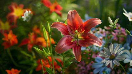 Fototapeta premium A vibrant arrangement of colorful flowers in a lush garden setting.