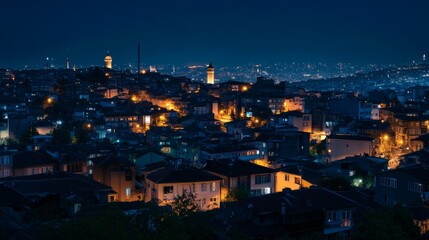 Naklejka premium A panoramic view of Istanbul at night, showcasing the historical landmarks like the Galata Tower and the Blue Mosque. The city lights create an enchanting atmosphere with a backdrop of modern building