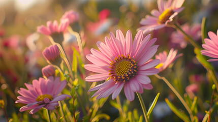 Obraz premium A vibrant field of pink daisies illuminated by soft sunlight.