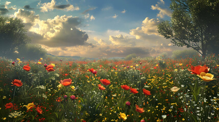 A vibrant field of wildflowers under a cloudy sky, evoking tranquility and natural beauty.