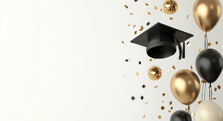 Graduation Cap and Balloons with Colorful Confetti on White Background. AI generated illustration