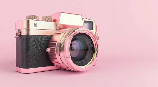 Pink gold vintage analog camera resting on pink background