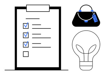 Checklist on clipboard with completed tasks, handbag with tag, and lightbulb outline. Ideal for productivity, organization, shopping, ideas, innovation planning business. Black blue and white