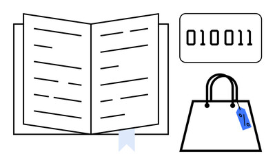 Open book with bookmark, digital binary code, and shopping bag with price tag. Ideal for education, e-commerce, digital technology, shopping, literacy coding minimalist design. Abstract line flat