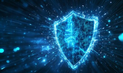 Abstract Shield with Blue Light Rays and Data for Digital Security - AI generated illustration