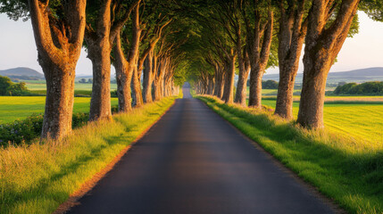 Naklejka premium serene road lined with tall trees on both sides, surrounded by lush green fields, creates peaceful atmosphere. sunlight casts warm glow, enhancing beauty of landscape