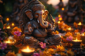 Fototapeta premium Ganesha statue, candles, flowers, sunset, serenity, Hindu religion, spiritual