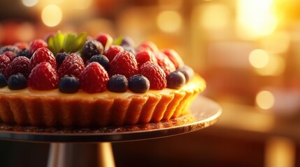 A close-up of a colorful fruit tart with glossy berries and