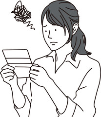 通帳を見て困っている女性のシンプルイラスト