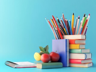Realistic Photo of School Supplies and Books Prepared for Back to School with Blue Background - AI generated illustration