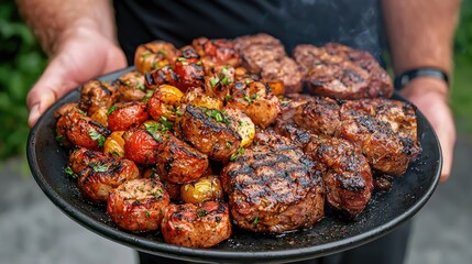 Grilled steaks, sausages, and tomatoes on a plate