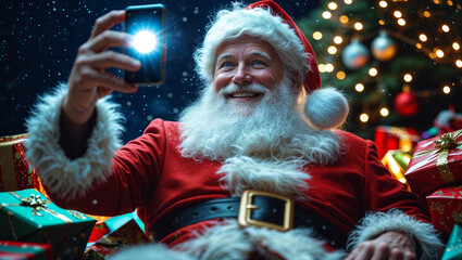 Obraz premium Santa Claus Christmas Selfie with Gifts and Tree