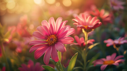 A vibrant close-up of pink flowers in a sunlit garden, showcasing nature's beauty.