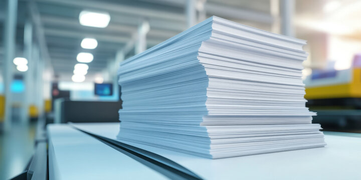 High quality stack of white paper sheets in modern printing facility, showcasing printing process and workspace ambiance